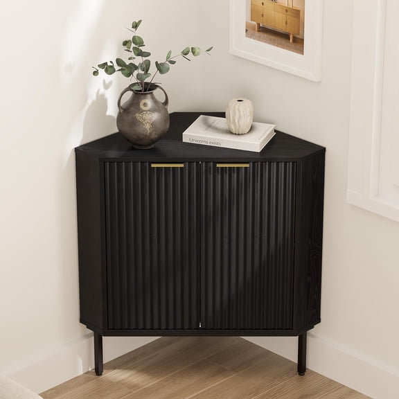 Fluted Corner Cabinet, Modern Small Corner Floor Cabinet with 2 Doors and 2-Tier Shelves, Freestanding Narrow Organizer for Living Room Kitchen Bathroom, Black