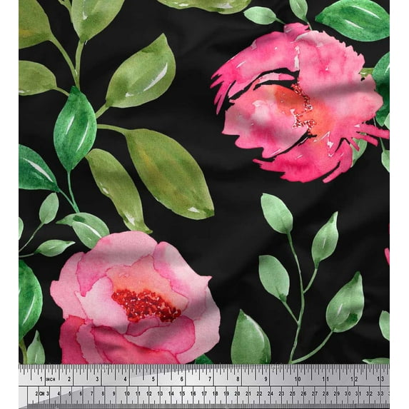 Soimoi Poly Georgette Fabric Flower & Leaves Watercolor Printed Fabric 1 Yard 52 Inch Wide