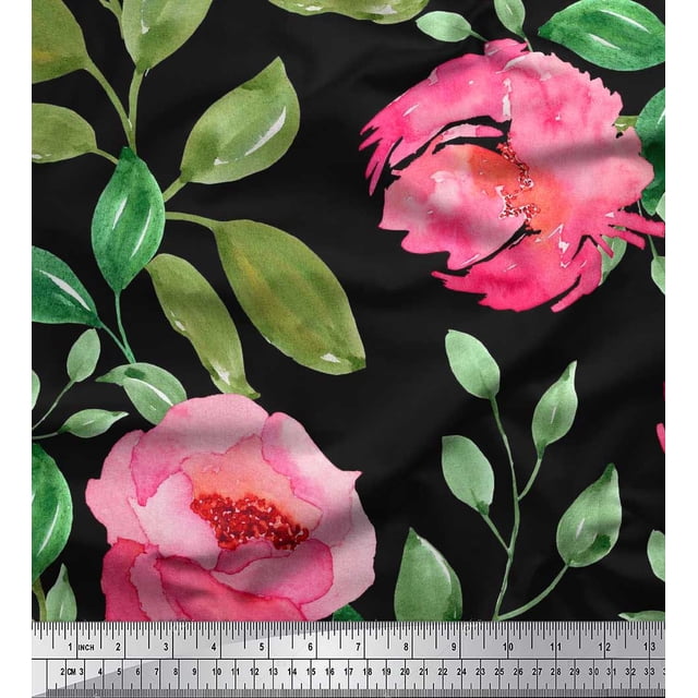 Soimoi Poly Georgette Tissu Fleur & Feuilles Aquarelle Tissu Imprimé 1 Yard 52 Inch Wide