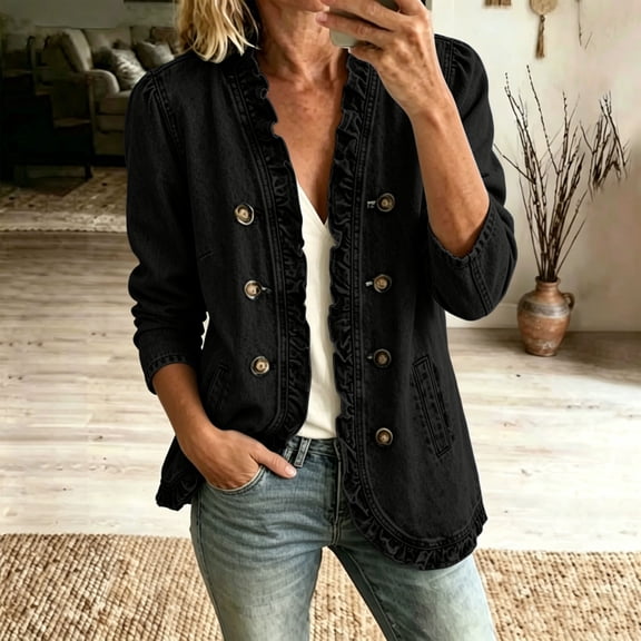 Ynynloco Womens Ruffled Denim Jean Jacket Casual Button Down Long Sleeve Distressed Trendy Shacket with Pockets