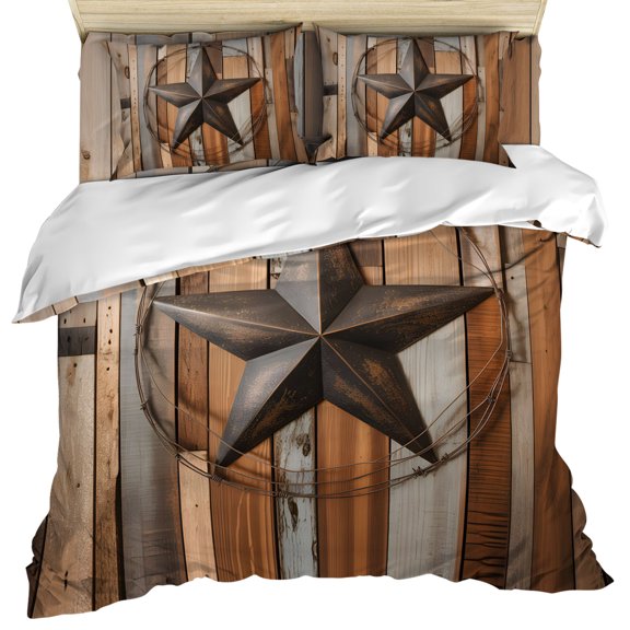 Country Star Brown Duvet Cover Set, Western Texas Vintage Farmhouse Wooden Soft Duvet Cover Twin Size Bedding Set 4 Pieces, 1 Quiltcover and 2 Pillowcases with Zipper, 1 Bed Sheet for All Seasons
