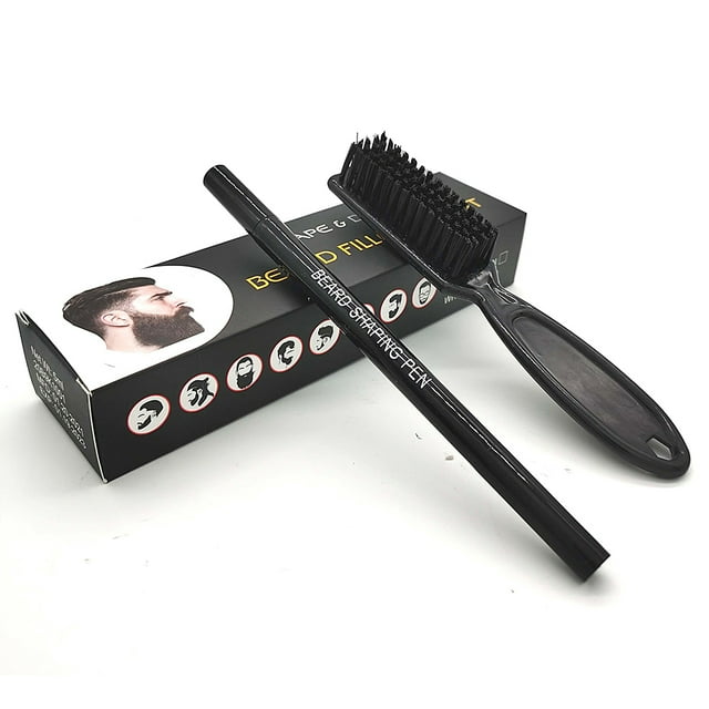 2 relleno de barba impermeable shamjiam lápiz afilar y definir barba negro pluma de barba de hombres Producto de importación. Bolígrafo relleno de barba negro 14.6x2.4 cm con cepillo peinador negro y caja, vista en ángulo sobre fondo blanco; lápiz plástico con micro‑punta para rellenar y extremo puntiagudo para definir contorno, cepillo para peinar vello facial, tamaño compacto apto para retoques rápidos.