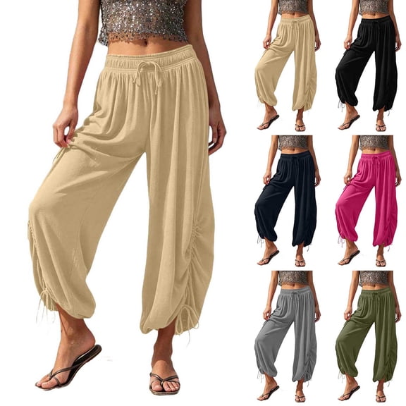 Mifsaly Harem Pants Women with Pockets Tie Ankle Elastic Waist Drawstring Boho Pant Lightweight Flowy Casual Summer Outfits Beige,L