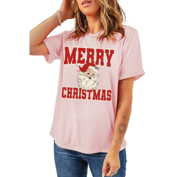 Women's Pink MERRY CHRISTMAS Santa Claus Printed Graphic T-Shirt | [ZhiHiMeRi] | (US 20-22)2XL