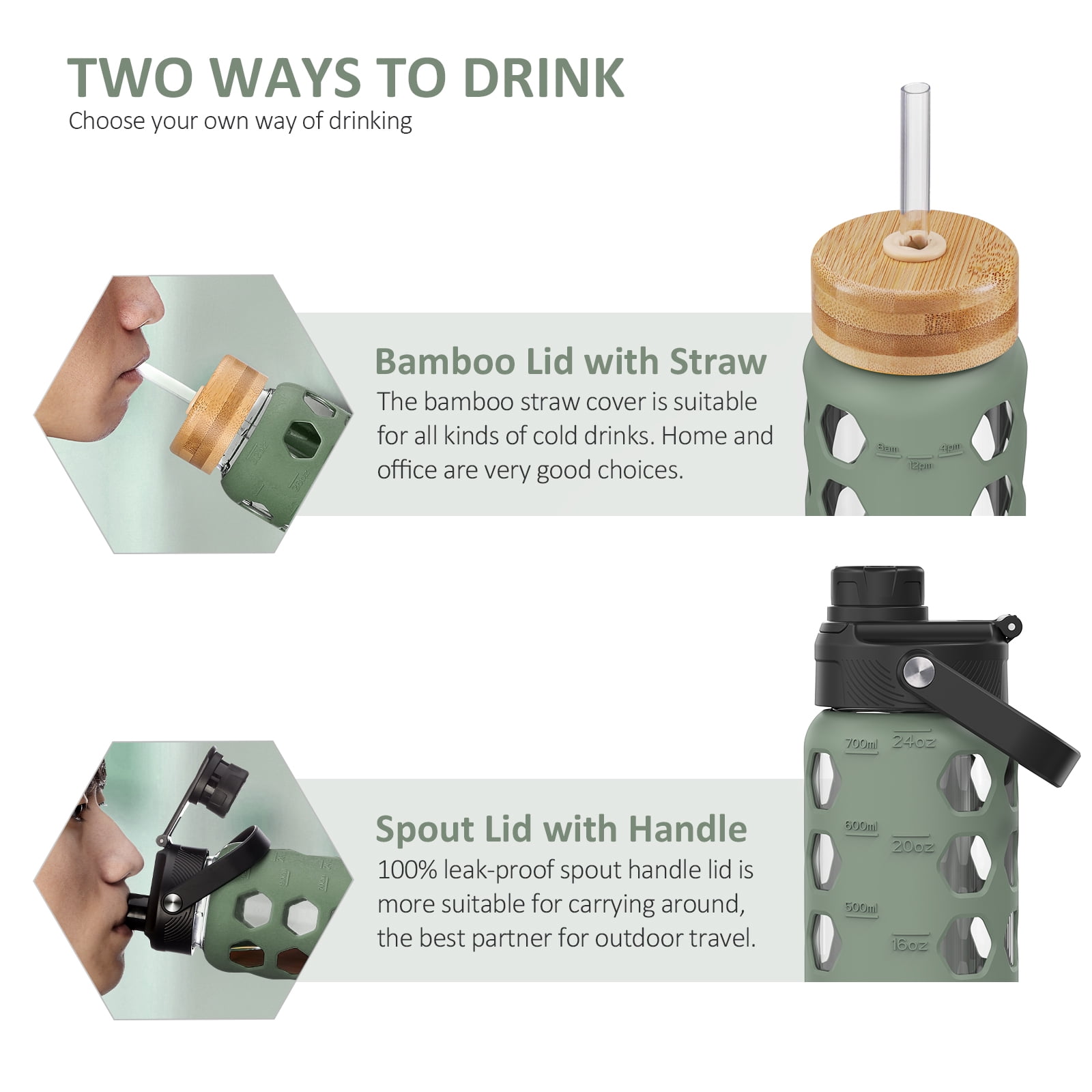MUKOKO 24oz Glass Water Bottle, Motivational Water Tumbler with 2 Lids and Straw, Time Marker Silicone Sleeve, Olive
