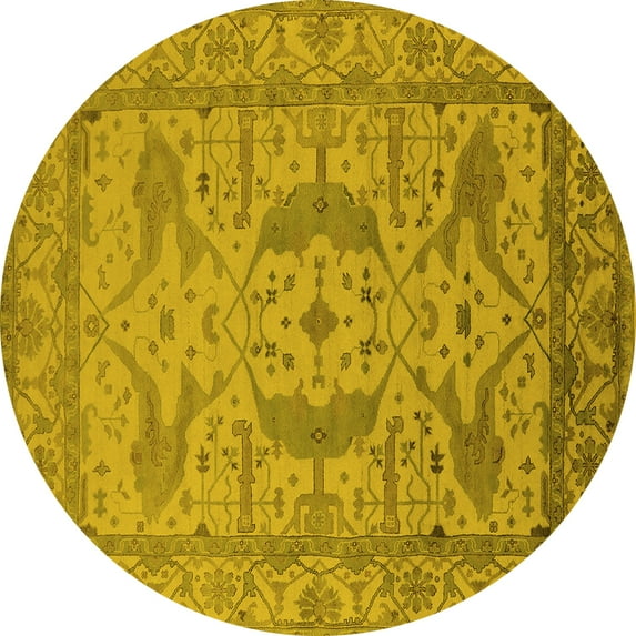 Ahgly Company Machine Washable Indoor Round Oriental Yellow Industrial Area Rugs, 8' Round