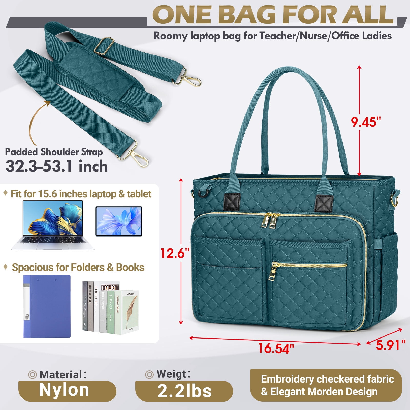 RAINSMORE Teacher Tote Bag 15.6 inch Laptop Bag for Women College Laptop Briefcase for Work Office Nurse Bag Professional Computer Messenger with Insulated Pocket,Dark Green
