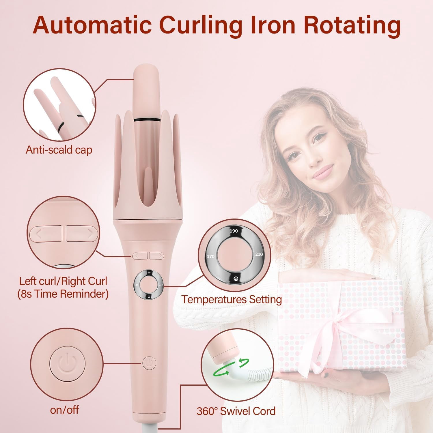 CNV Automatic Hair Curler with 4 Temperature Settings, Auto-Rotating Ceramic Curling Iron with Anti-Tangle & Anti-Scald Design