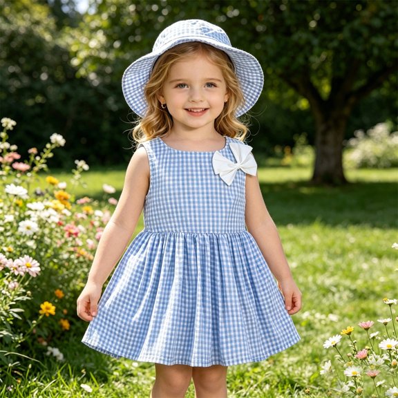 LPKRT Girls 2 Piece Dress Set Loose Plaid Sundress With Matching Hat Beach Summer Vacation Clothing Sets Sky Blue 6-9 Months
