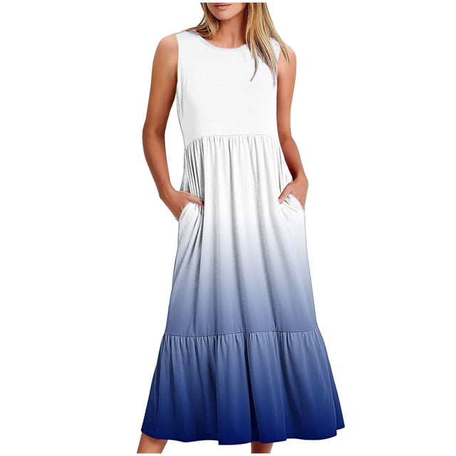 onlyliua Plus Size Dresses for Curvy Women Sleeveless Crew Neck Gradient Cutout Tank Dresse Ruched Waist Regular Fit Ruched Waist Linen Casual for Gatherings Todays Clearance Deals Prime