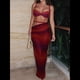 thumbnail image 4 of Conjunto de 2 Piezas para Mujer, Sexy, , de Verano, con Top Fruncido y Espalda Descubierta, y Falda con Aberturas, Vestido de Noche. Rojo S, 4 of 7