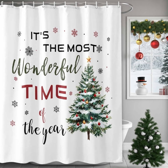 Christmas Tree Shower Curtains for Bathroom, It's The Most Wonderful Time of The Year Snow Waterproof Fabric Shower Curtain for Bathroom Bathtub Decoration, Machine Washable, 72"x72"