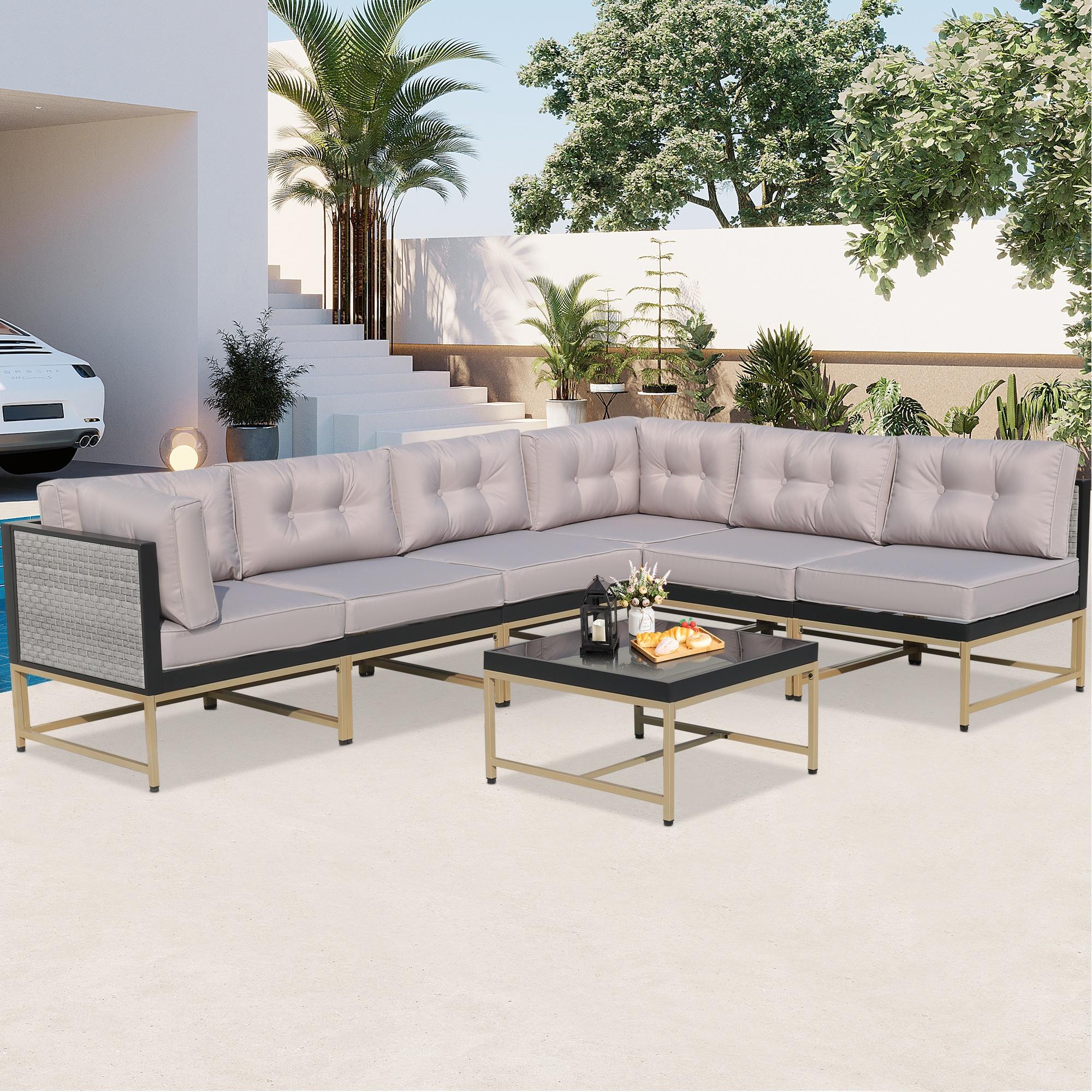 Patio Outdoor Furniture Sets, 7 Pieces All-Weather Rattan Sectional Sofa with Tea Table and Cushions, PE Rattan Wicker Sofa Couch Conversation Set for Garden Backyard Poolside - image 2 of 11