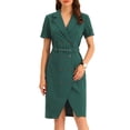 thumbnail image 1 of Vestido de mujer de verano 2023 de manga corta con solapa con muescas y cuello en V con doble botonadura y cinturón para trabajo y oficina Verde Oscuro XS, 1 of 6