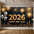 thumbnail image 6 of Gold Numerals Happy New Year Banner Fireworks Design 2026 Backdrop Silver Balloons Star Patterns New Year Display for New Year Party New Year's Eve Family Gathering, 6 of 9