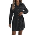thumbnail image 3 of Women'S Collar V Neck Button Down Pleated Long Sleeve Mini Shirt Dress with Belt Black L, 3 of 9