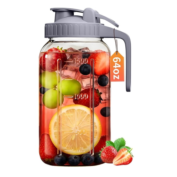 LSTECICE Large Glass Pitcher 64 oz - Mason Jar with Lid and Spout for Cold Brew Coffee, Sun Tea, Water & Juice, Gray