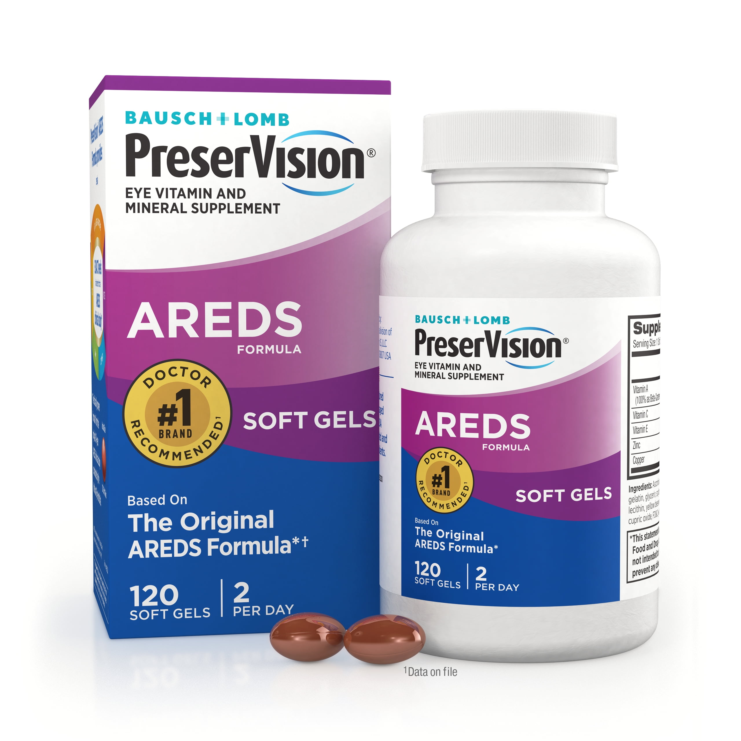 Bausch + Lomb PreserVision AREDS Eye Vitamin & Mineral Supplement Tablets, 120 Count Bottle (Soft Gels)