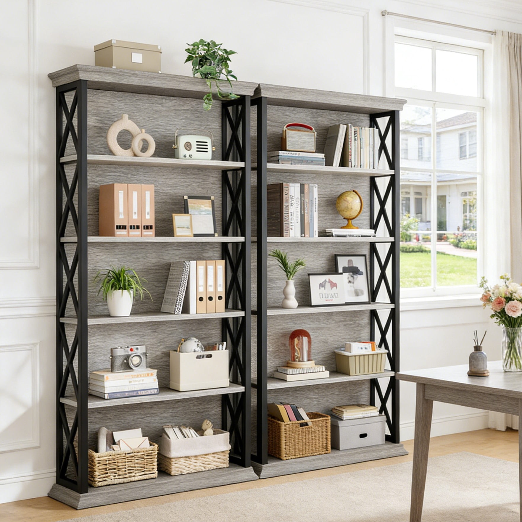 Fnova 71" 5-Tier Tall Bookshelf, Industrial Wood Bookcase with Metal Frame, Floor Standing Display Storage Shelves for Home Office, Living Room, Bedroom
