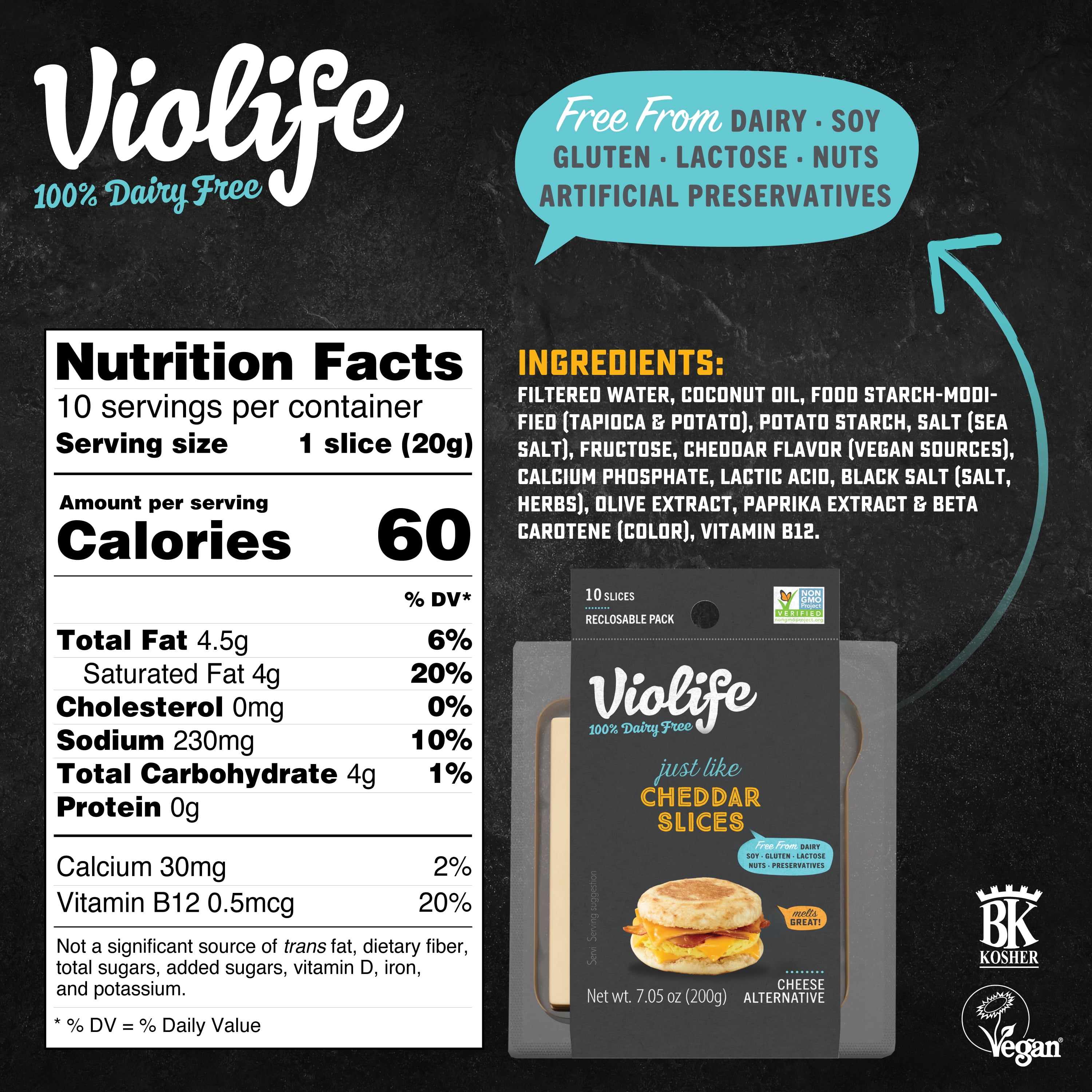 Violife Just like Cheddar Slices, Dairy-Free Vegan, 7.05 oz Pack (Refrigerated)