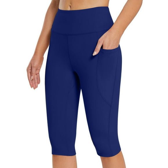 Femmes Été Capri Leggings Taille Haute Ventre Contrôle Yoga Séance d'Entraînement Fitness Motard Capris Pantalon avec Poches