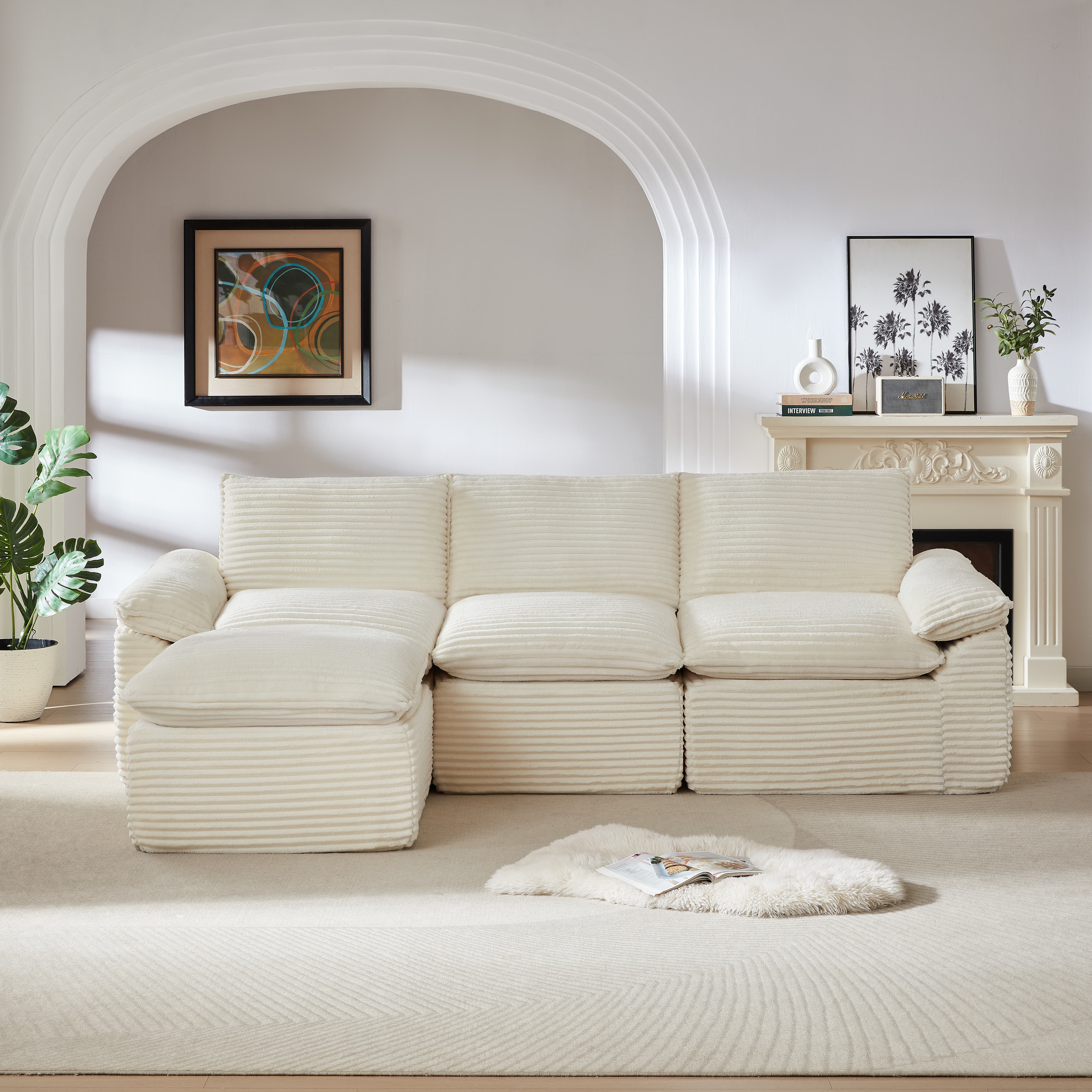 MAYEERTY Modern Modular Corduroy Sofa, White Cloud-Soft Sectional Couch for Apartment
