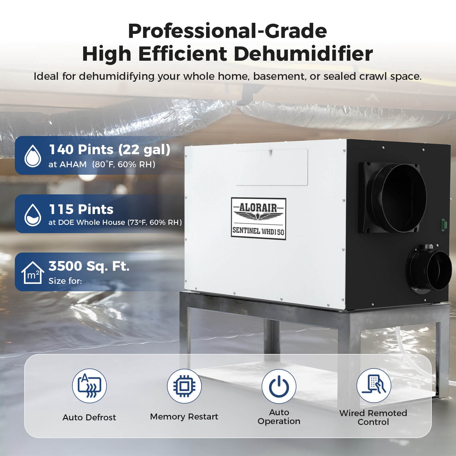 ALORAIR Whole House Dehumidifier, 140 PPD Commercial Grade Whole Home Dehumidifiers for Home, Garages, Water Damage Restoration, 3500 Sq.Ft dehumidifiers for Crawl Space