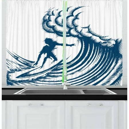 Coastal Style Living Room Ideas Surfing Curtains 2 Panels Set, Abstract Silhouette of a Surfer Riding a Big Wave Hand Drawn Style Coastal Art, Window Drapes for Living Room Bedroom, 55W X 39L Inches, Blue and White, by Ambesonne ()