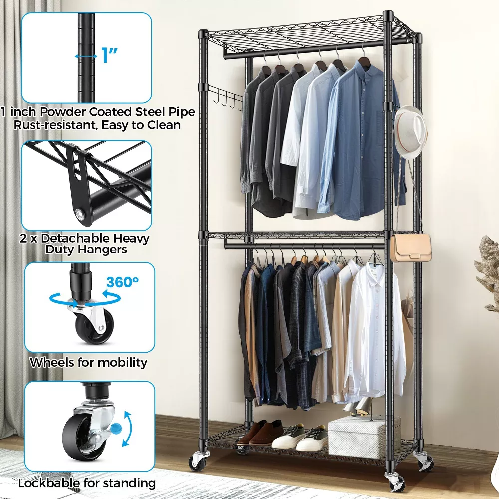 Sailvan Heavy Duty Clothing Rack with 3 Tier Adjustable Shelves, Double Rod Rolling Garment Rack, Small Space Freestanding Closet Wardrobe 16.54"D x 35.43"W x 80.71"H,Gray