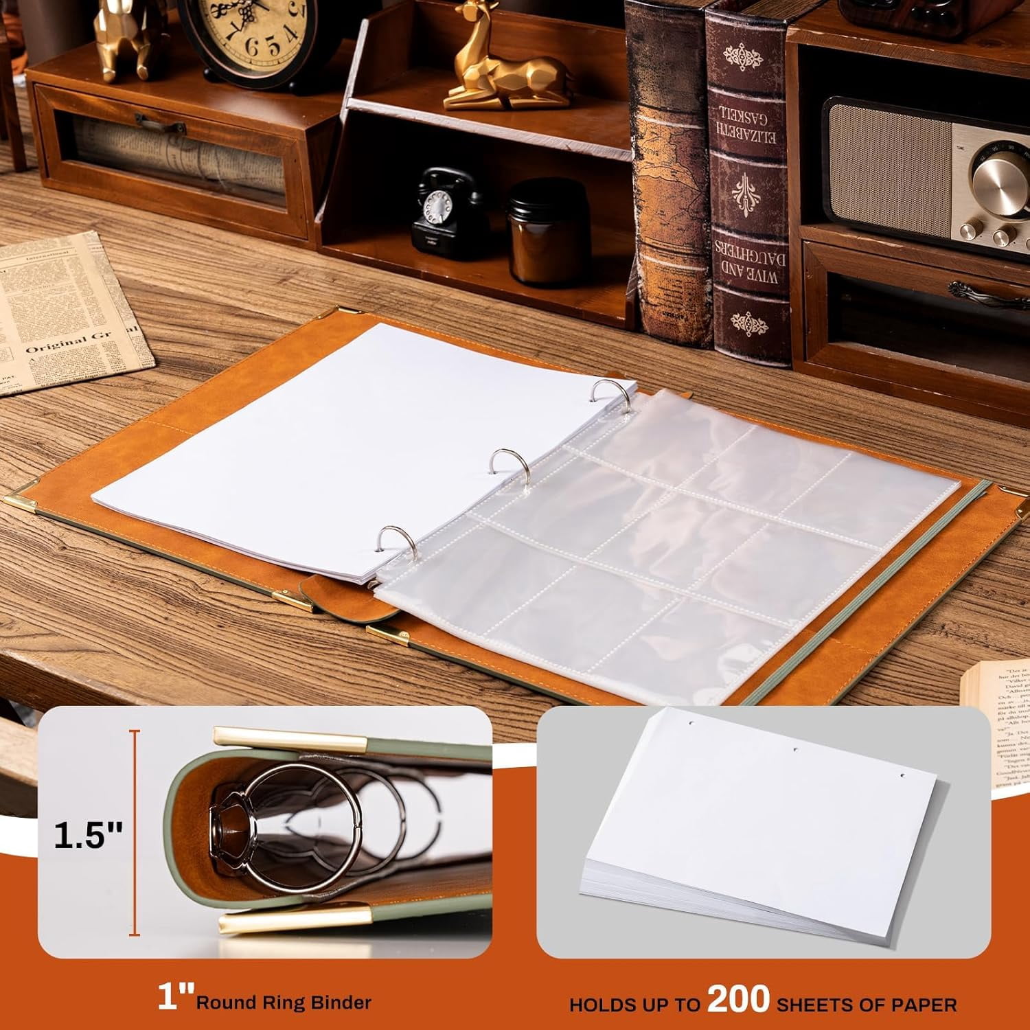 2 Pack Leather 3 Ring Binder Fits 8.5"x11" Letter Size Paper, 1 Inch Round Ring Binder Holds 200 Sheets, Notebook Cover Loose Leaf Organizer, Green and Brown
