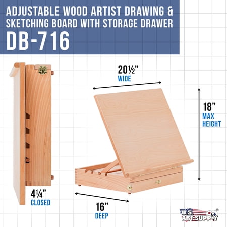 US Art Supply Sketch Master Adjustable Wood Artist Drawing & Sketching Board With Storage Drawer