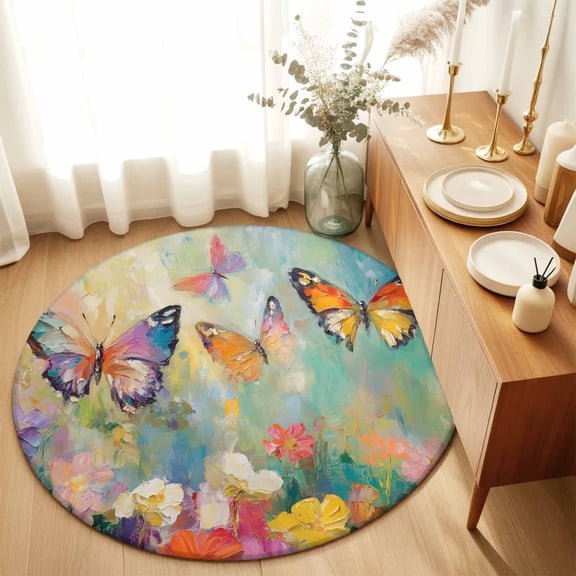 Round Rugs 4Ft, Spring Floral Round Area Rug Washable Indoor Throw Carpet, Modern Oil Painting Butterfly Soft Non Slip Circle Rug for Kitchen Nursery Room Home Decor Aesthetic