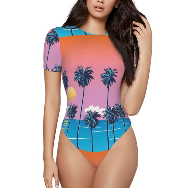 Balery Beach with Palm Trees Body de cuello redondo de manga corta para mujer Tops de manga corta Tops básicos-Medium