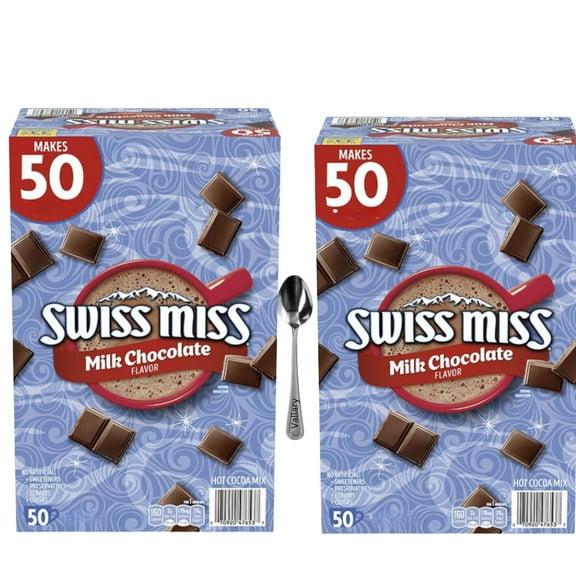 Swiss Miss Hot Chocolate Packets, Hot Chocolate Mix, Milk Chocolate Flavor- 100 Count, Plus Vallary Spoon Perfect for Mixing Your Hot Cocoa.