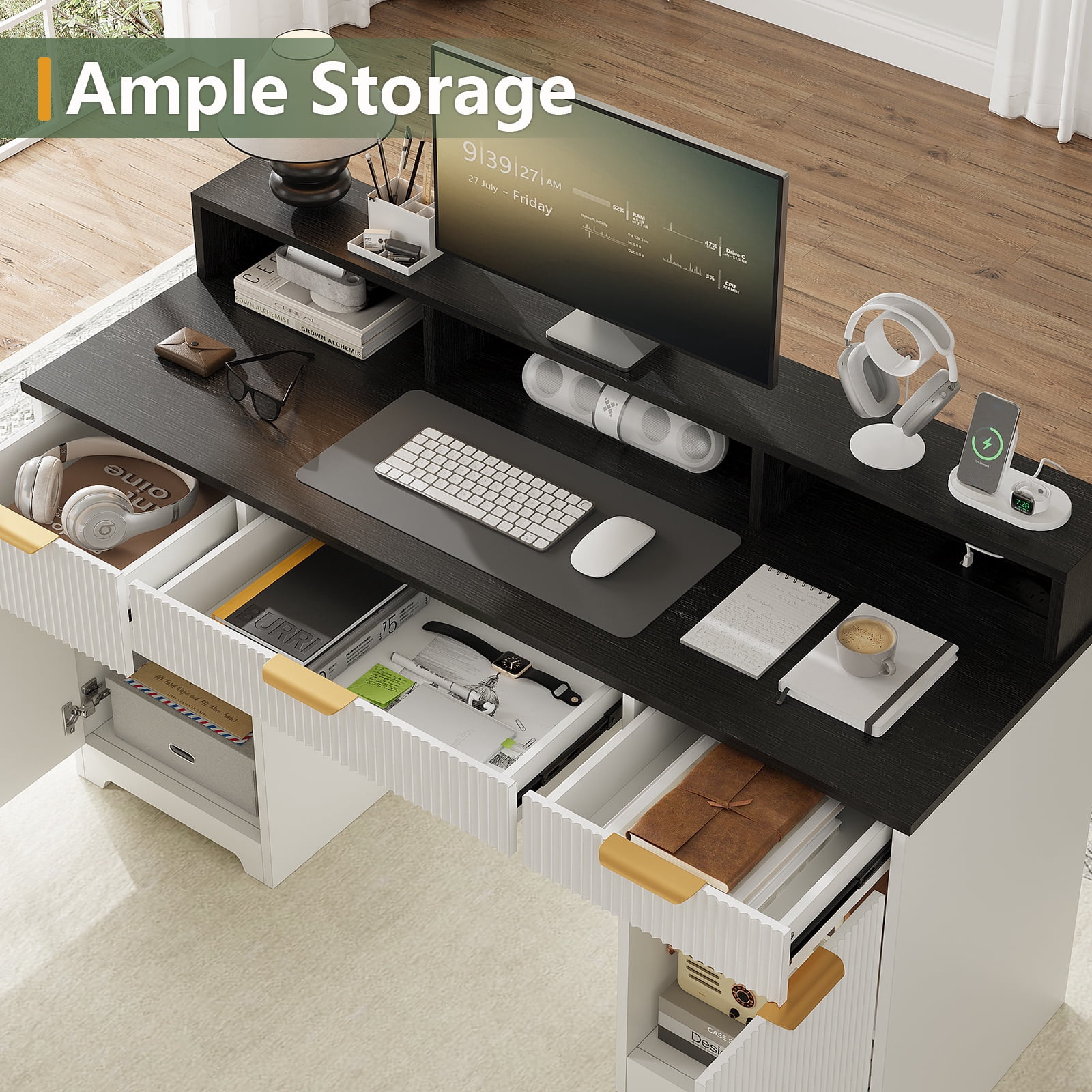 Executive Office Desk, 59" Computer Table with Power Outlets and Monitor Stand, Home Office Writing Desk with Keyboard Storage Drawer and File Cabinets, White & Black