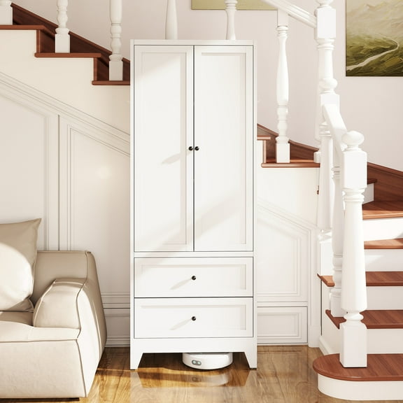 Sesslife 72" Kitchen Pantry Storage Cabinet, Freestanding Hutch with 2 Doors and 2 Drawers, Modern Cupboard Sideboard Buffet with Side-Ventilated Panels and Hooks for Kitchen Dining Room, White