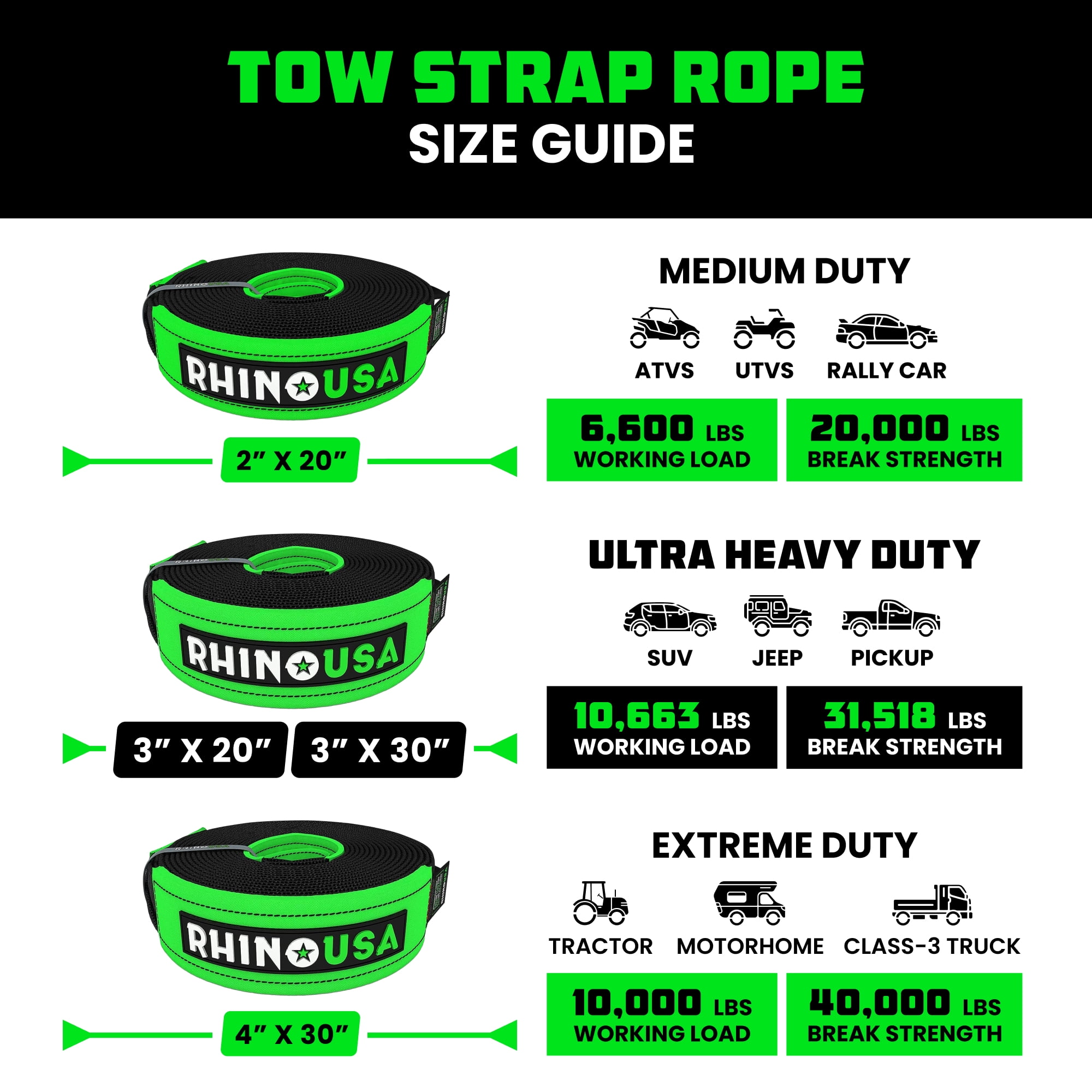 Rhino USA Combo Recovery Tow Strap (30ft) & D Ring Shackles - off-Road Vehicle Safety & Performance