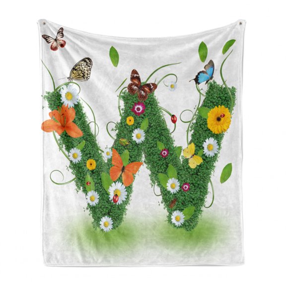 Letter W Soft Flannel Fleece Blanket, Nature Inspired Green Foliage with Wildflowers Various Butterflies Vivid Palette, Cozy Plush for Indoor and Outdoor Use, 50" x 70", Multicolor, by Ambesonne