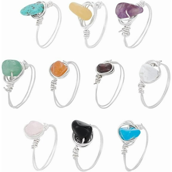 10Pcs 10 Styles Rings Gemstone Rings Copper Wire Wrapped Ring Irregular Colorful Gem Ring for Women