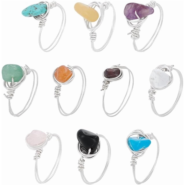 10 anillos de 10 estilos con piedras preciosas, anillos de alambre de cobre envueltos, anillos irregulares de gemas coloridas para mujeres