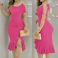 thumbnail image 2 of Qiopertar Women's Split Pearl Decorated Bodycon Dress Irregular Ruffle Hem Sleeveless V-Neck Cocktail Party Evening Dress, Hot Pink S, 2 of 7