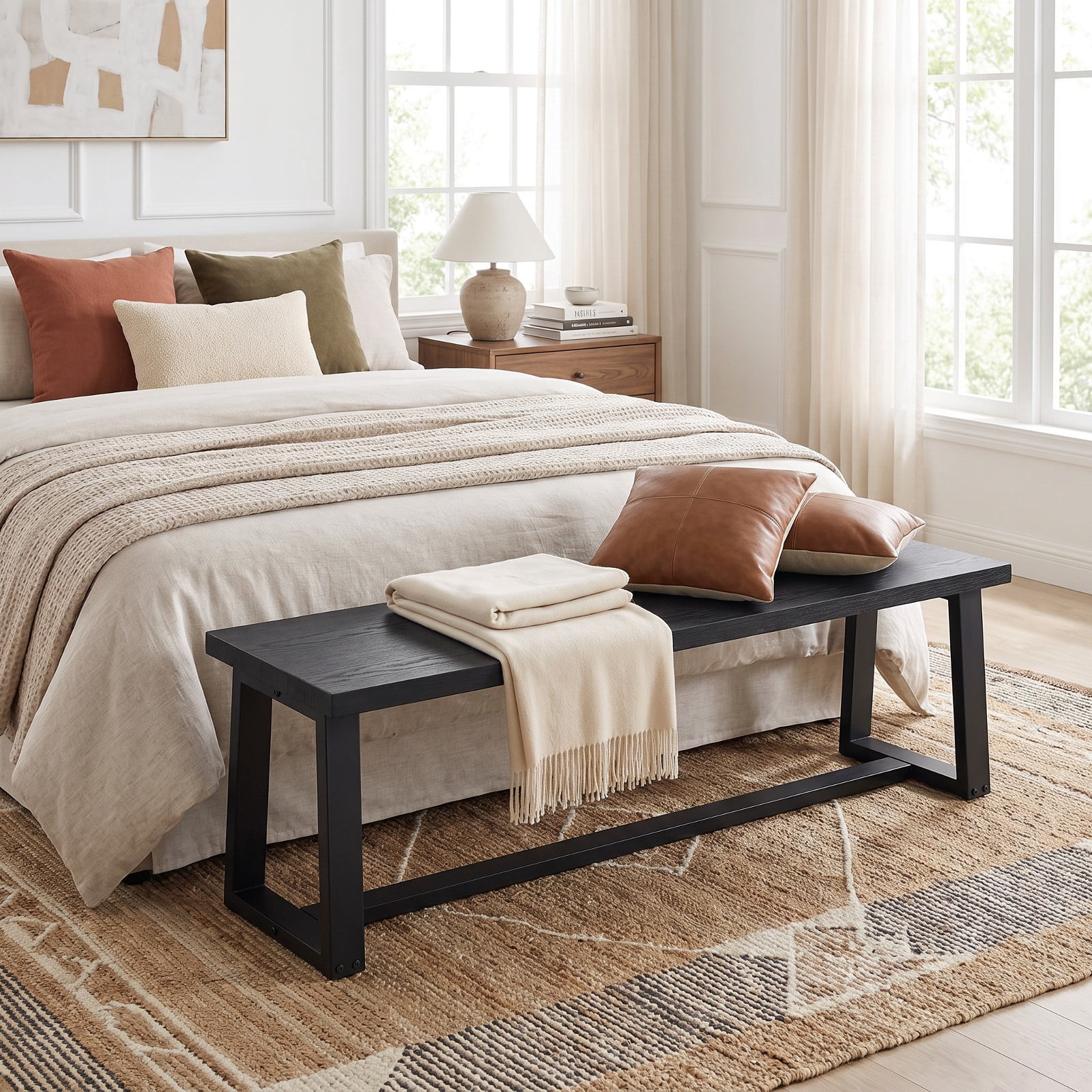 Furnibear 56 Inch Wood Dining Bench with Acacia Wood Seat Metal Frame and Adjustable Footpads for Kitchen Dining Room Entryway Seating, Black