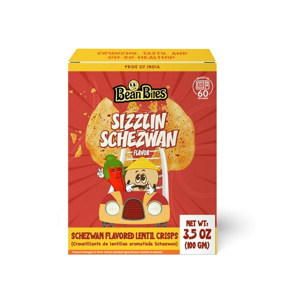 Bean Bites | Sizzlin Schezwan Lentil Crisp 3.53 oz (100 g) | Round Crunchy Crisps | Heat in Oven (up to 60 secs), Plant Based Protein, Vegan Crisps, Healthy Poppadom Snack By Pride of India