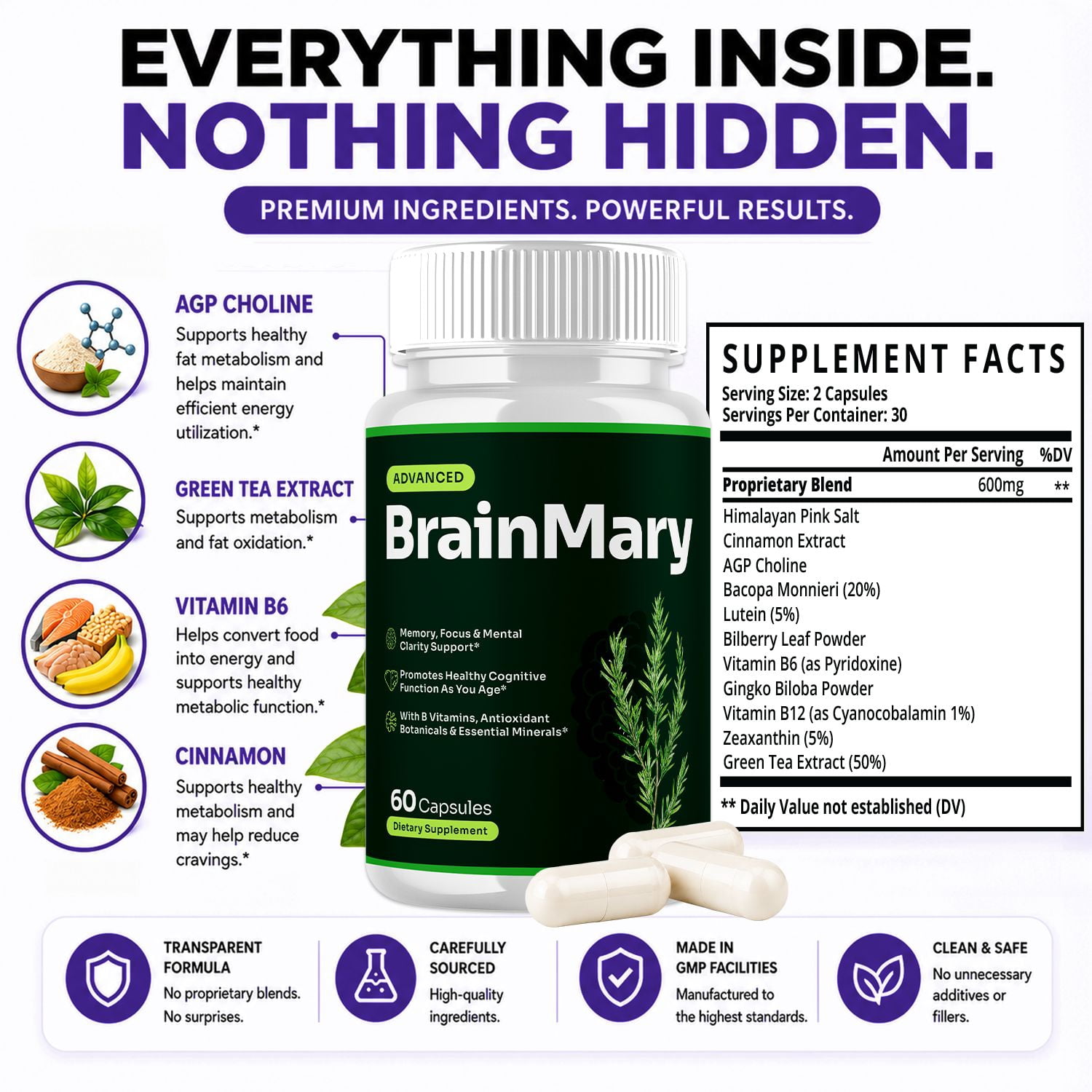 BrainMary Advanced Formula Brain Support Pills Maximum Strength Supplement Brain Mary 180 Capsules