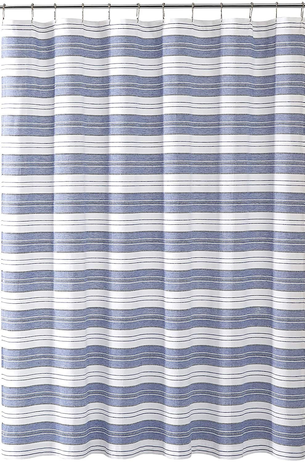 Serafina Home Nautical Striped Blue and White Fabric Shower Curtain: Chambray Cotton Luxury Hotel Detailed Eyelet Decorative Weave for Bathroom 72" x 72" (Denim Navy)