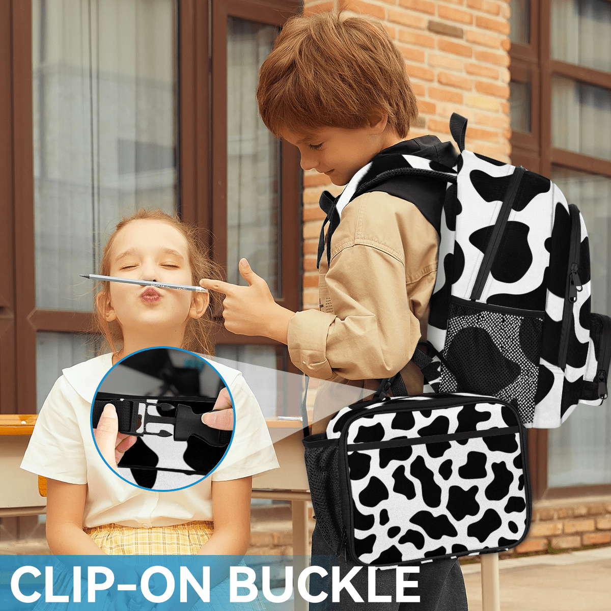 Herdesigns Black White Backpack with Lunch Box Fun Cow Print Farm Animal Lightweight Large Travel Work Laptop Backpacks Set Casual Daypacks