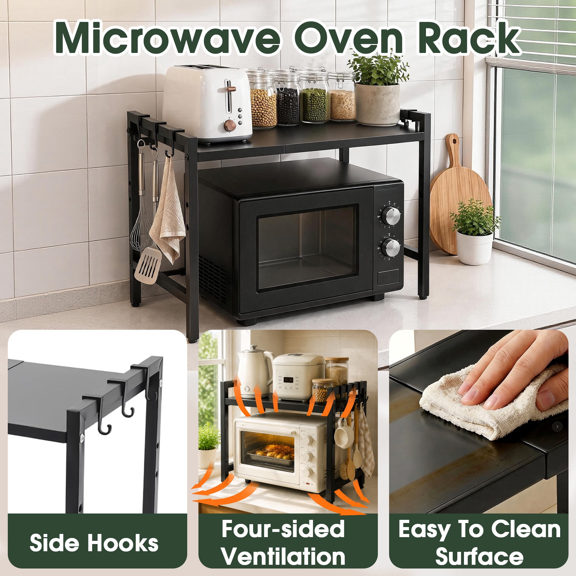 Microwave Oven Rack, Expandable Metal Kitchen Countertop Storage Shelf with 6 Hooks, Counter Organizer for Small Kitchen Appliances, Microwave Oven Storage Rack for kitchens Bathrooms Offices