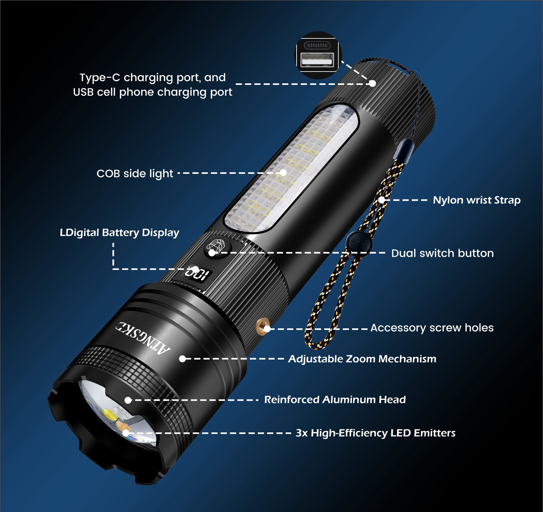 Rechargeable LED Flashlight, 250,000 High Lumens, USB-C Fast Charging, 9 Light Modes, Zoomable Waterproof Flashlight for Camping, Hiking, Emergency Use(Black)