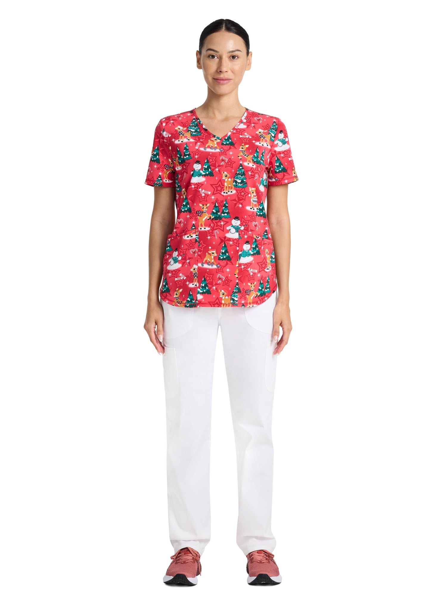 Rudolph Warm And Cozy Women's V-Neck Print Scrub Top, Sizes XS-3XL