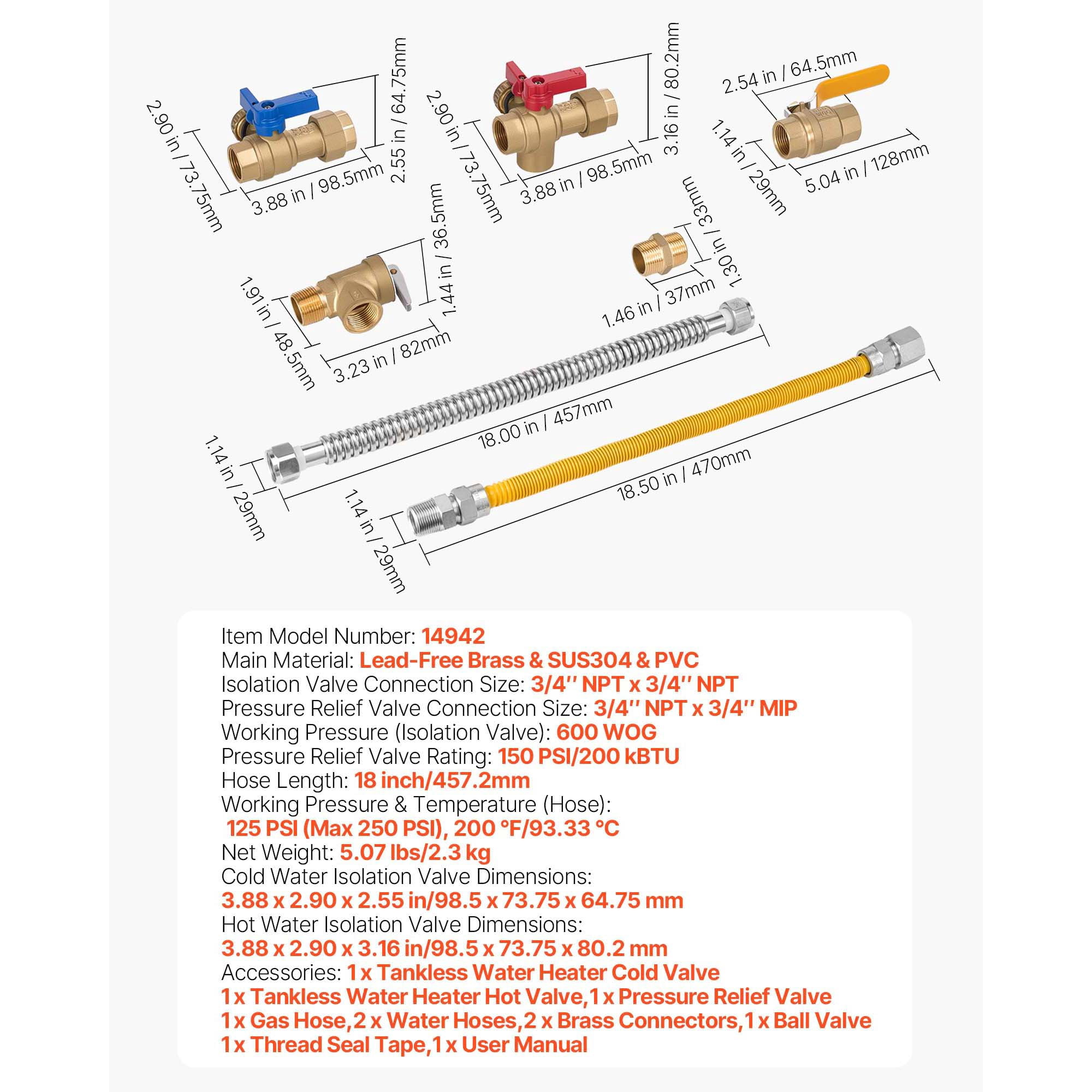 KFFKFF Water Heater Kit, 3/4 Inch Hot & Cold Water Plumbing Repair Set with Isolation Valves, Pressure Relief Valve, Ball Valve, Gas Hose, Works with Various Tankless Water Heater Models